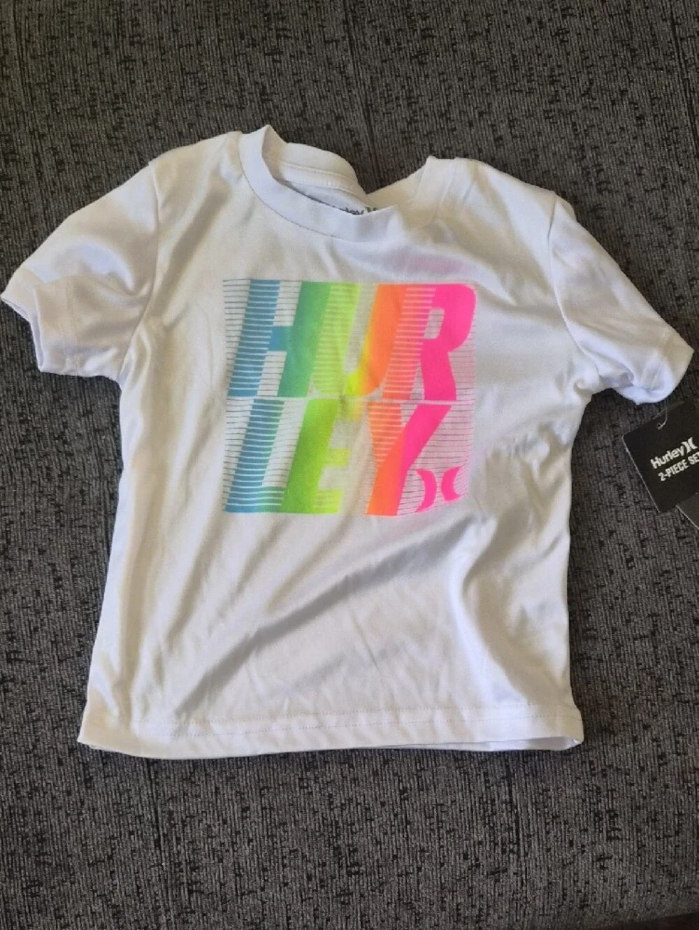 Hurley White Tee with Neon Graphic & Light Blue Shorts